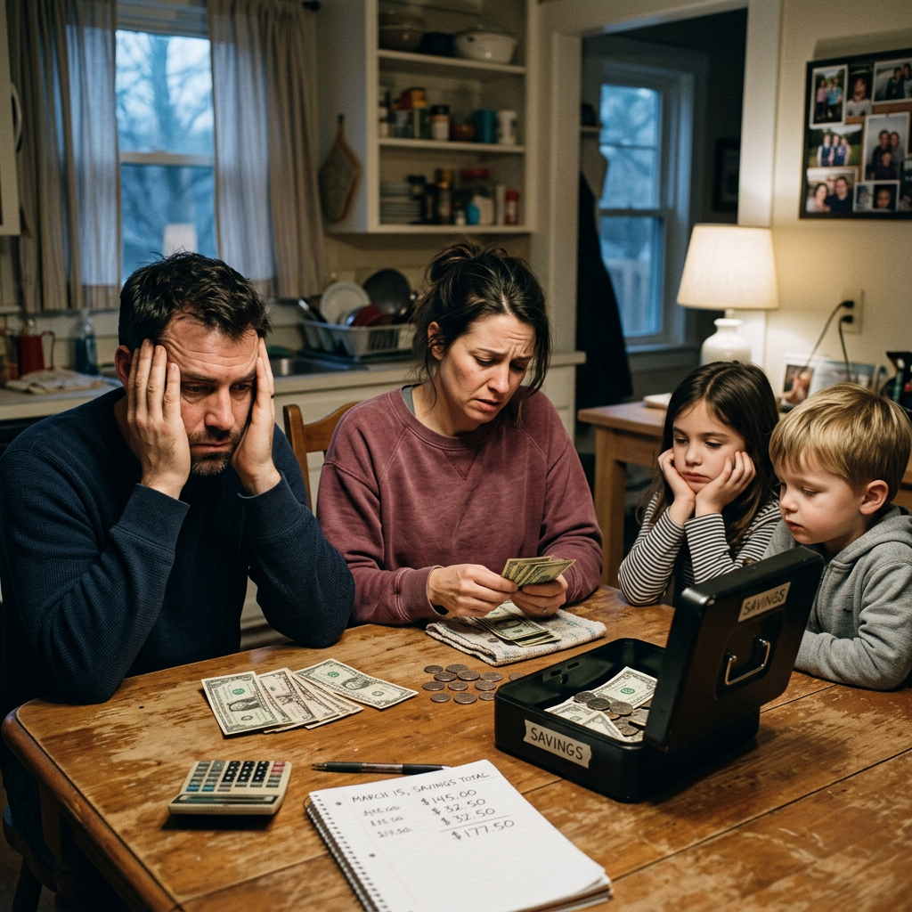 Family counting money and reviewing savings at kitchen table